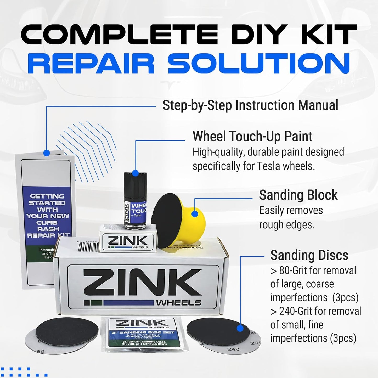 Premium Tesla Wheel Curb Rash Repair Kit for Model 3 18-inch Grey Photon Rims - DIY Kit with Color-matched Touch Up Paint - Made in USA