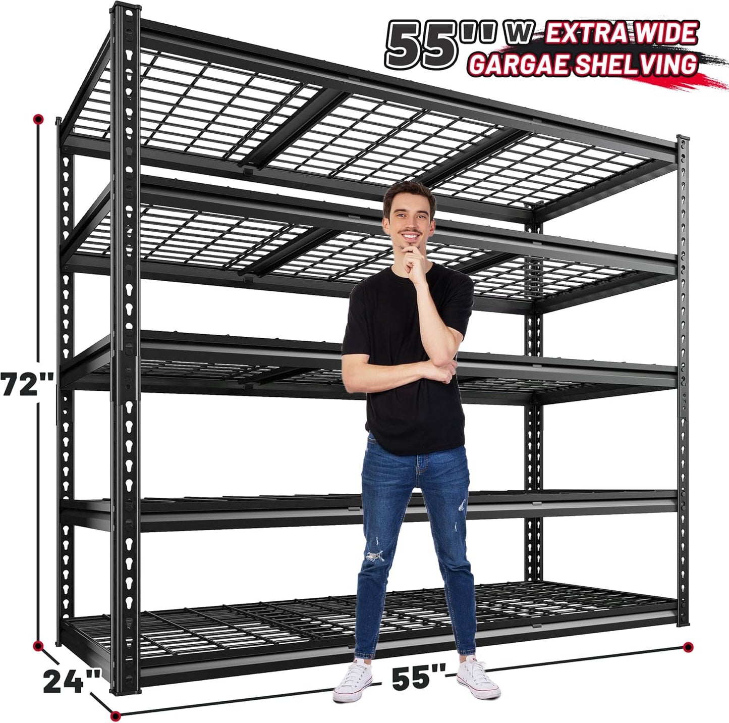 REIBII 55" W Garage Shelving, Heavy Duty Storage Shelves Load 3000LBS, 5 Tier Adjustable Metal Shelving Unit for Basement, Warehouse, Workshop, 55" W x 24" D x 72" H