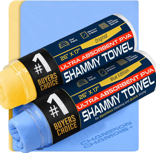 Premium Large Shammy Towel for Car - 2pk (26"x17") - Super Absorbent, Streak-Free, Lint-Free, Scratch-Free Cloth for Cars, Boats, Home - Long Lasting Synthetic Leather Chamois + Hanging Storage Tubes