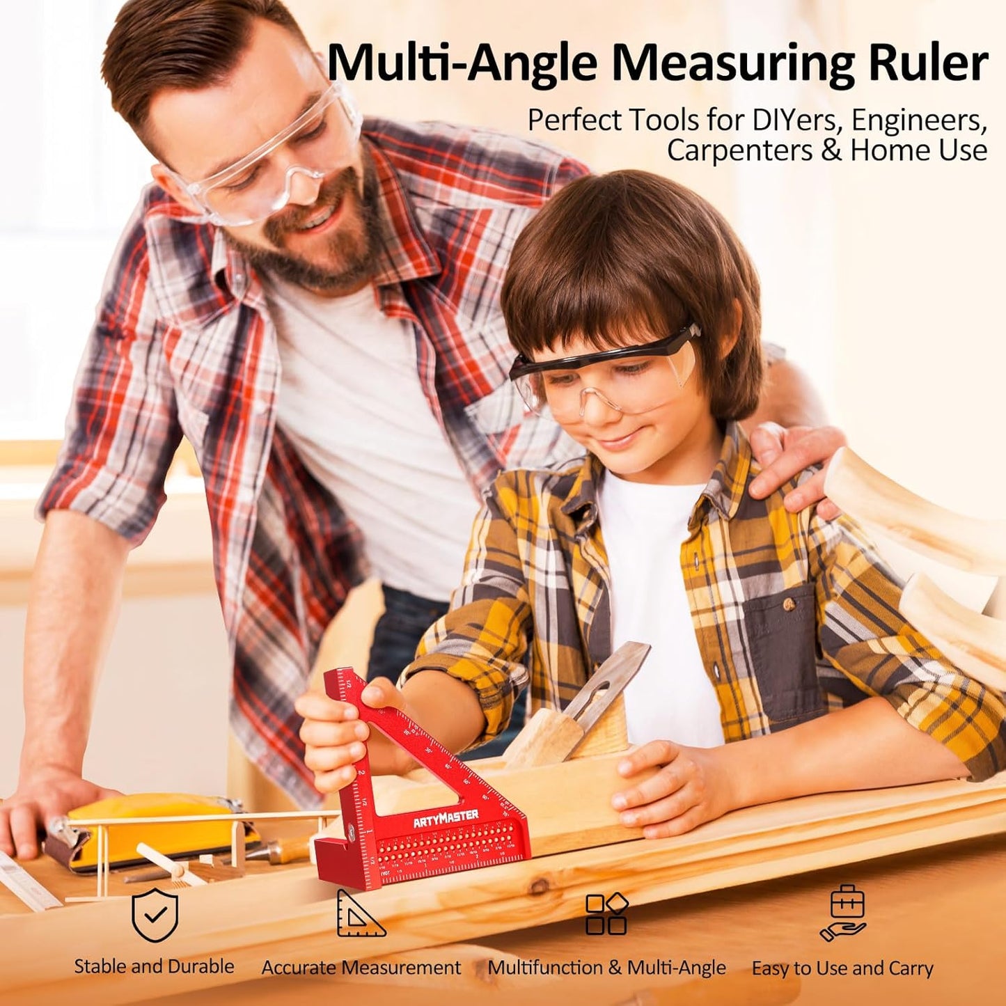 3.8＂Mini 3D Multi-Angle Measuring Square Ruler, WT102A High Precision Hole Scribing Woodworking Tools, 0-90° Aluminum Alloy Carpenter Square Wood Working Tools, Carpenter Pencils 6 Refills.