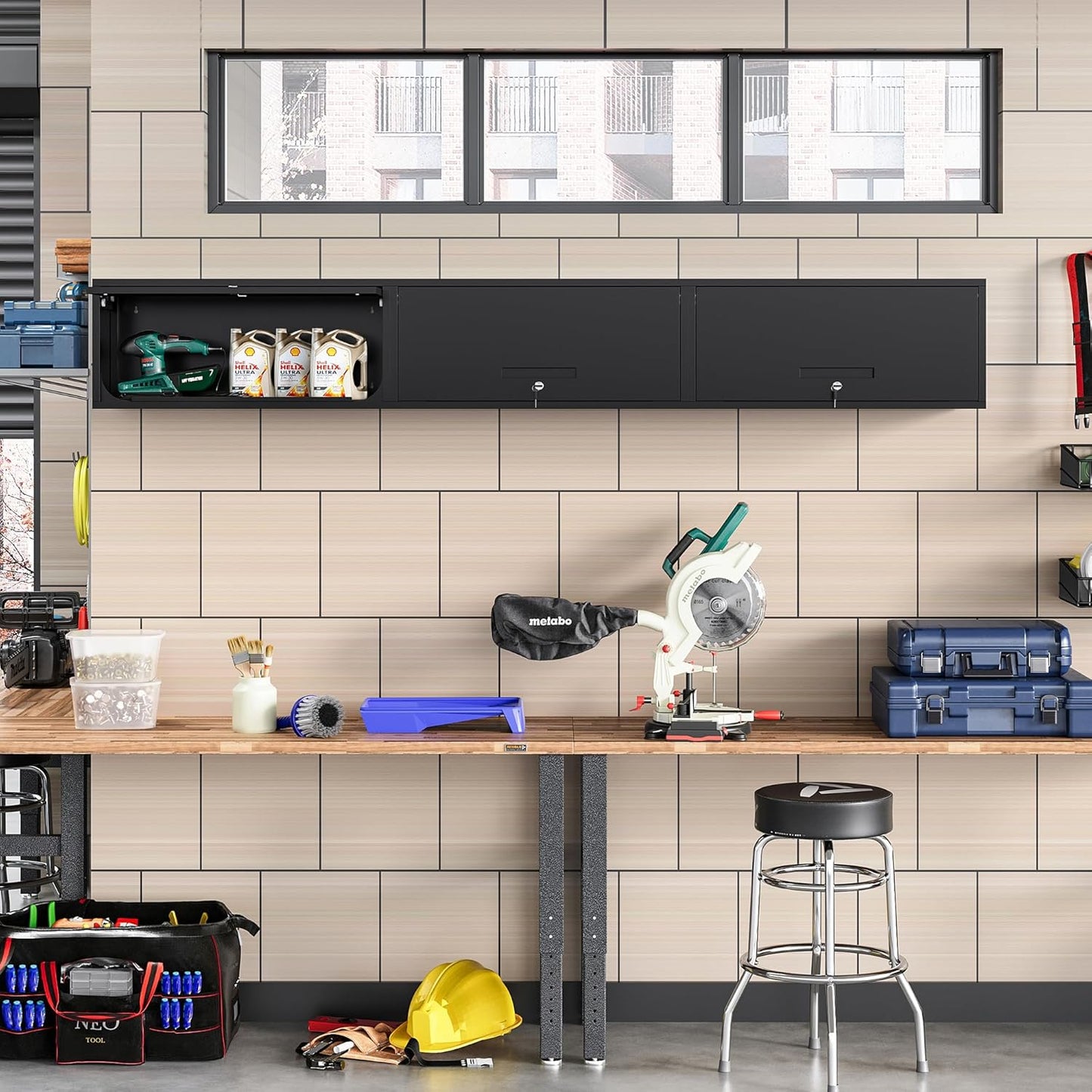 Metal Wall Storage Cabinet with Up-flip Door, Wall-Mounted Storage Cabinet for Garage, Warehouse, Home, Office, Assembly Required (Black, One Cabinet)