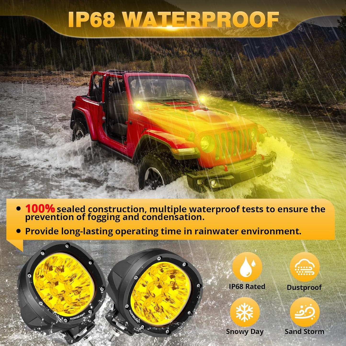 Auxbeam P4 Series LED Amber Fog Lights, 4 Inch 90W Yellow Round Offroad Light Bar, Spot Beam Off Road LED Pods Bumper Ditch Lights, for Trucks Car Motorcycle UTV, Pair