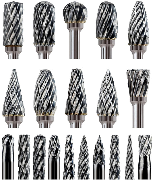 20 Pcs Carbide Burr Bits 1/8" Shank Compatible with Dremel Milwaukee Metal Grinding Wood Stone Steel Carving Cutting Engraving Grinder Kit Attachment Rotary Tool Accessories Set Harder than Diamond