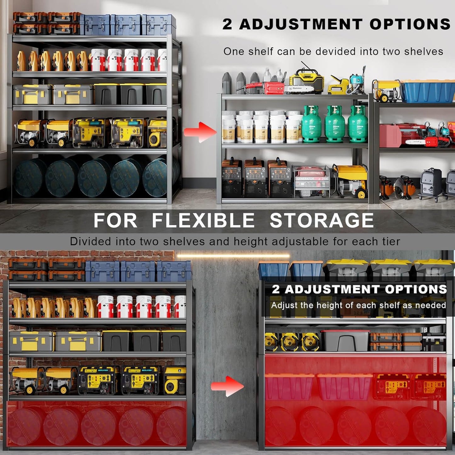 65" W Heavy Duty Garage Shelving, 84" H Garage Storage Shelves, 5 Tier Metal Shelving Unit, Adjustable Commercial Shelving, 2 Pack