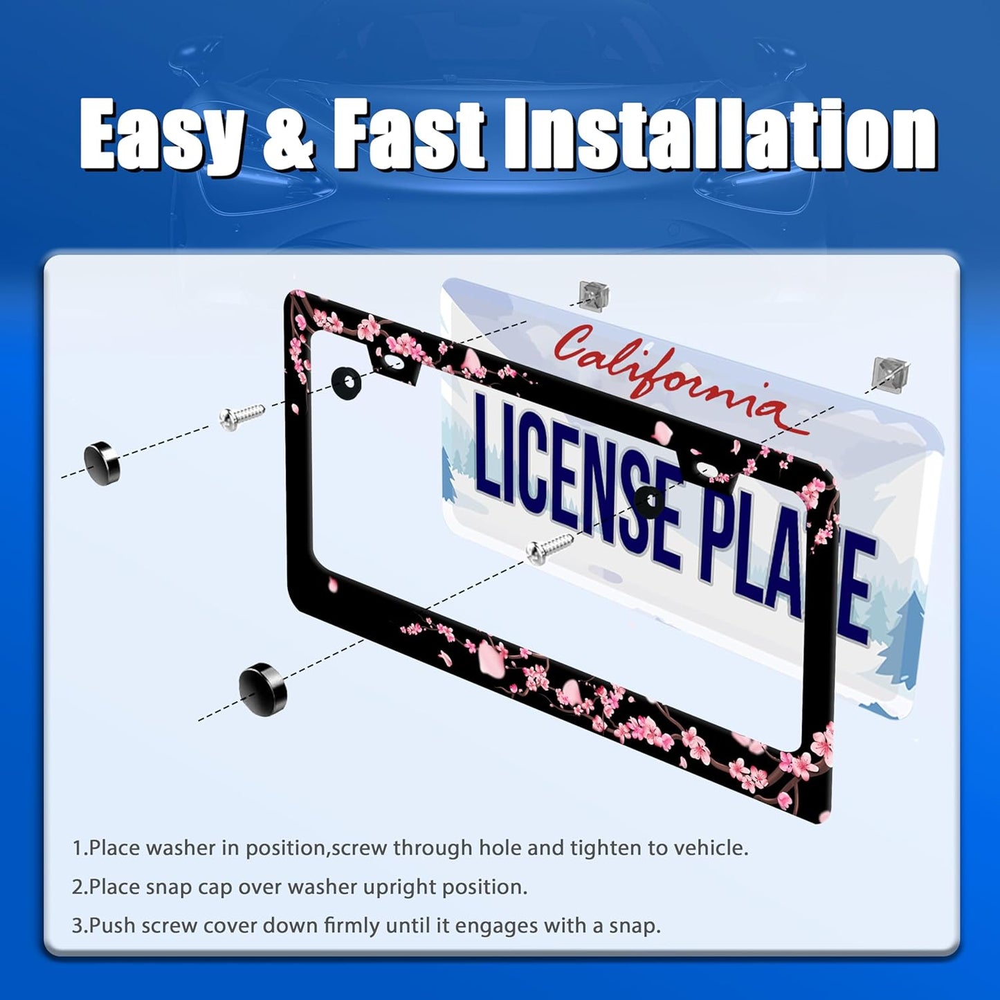 Cherry Blossom License Plate Frame Beautiful Flowers Pink License Plate Stainless Steel Funny License Plate Holder Floral Car Accessories Decoration With Screws Fits Standard Vehicles Size 12.3"x 6.3"