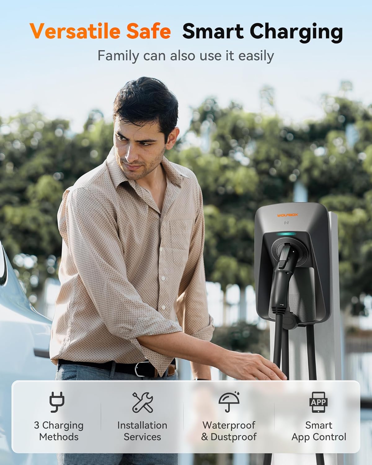 WOLFBOX Level 2 ev Charger 40 Amp J1772,ev Charger Level 2 with NEMA 14-50 Plug 25ft Cable,Smart APP&RFID Card Control,240V Electric Vehicle Charging Station for Electric Automobile(WE40)