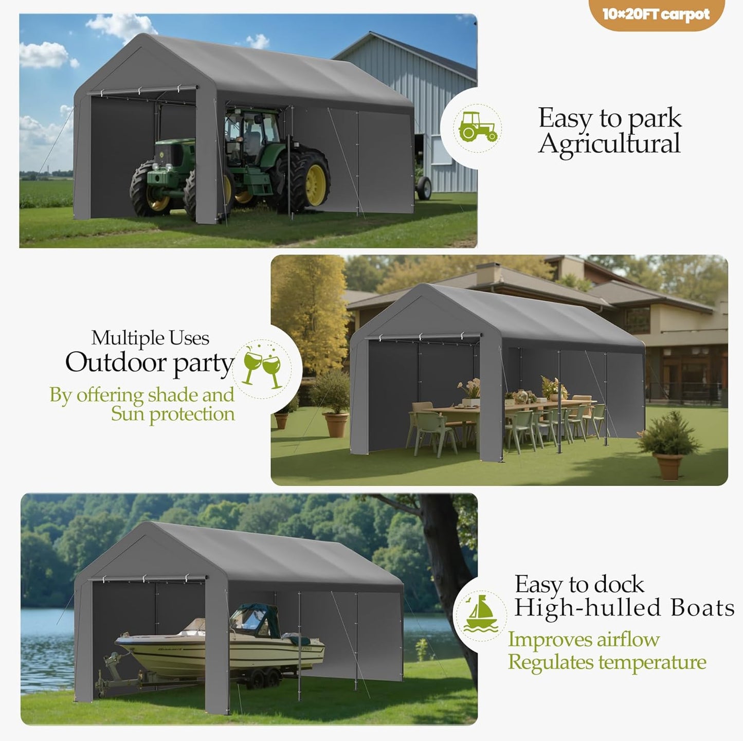 GOJOOASIS 10x20 Carport Heavy Duty Portable Garage Shelter Metal Car Canopy Tent with UV-Resistant & Weatherproof Top Cover for RV & Vehicles (Gray, 10x20 with sidewalls)