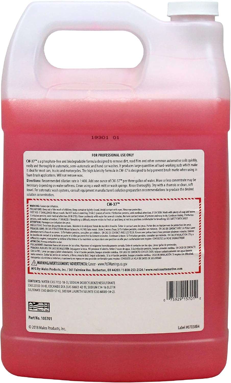 Malco CW-37 Premium Car Wash Concentrate - High Foaming Car & Truck Wash Soap/Removes Road Film, Salt, Dust & Dirt from Your Vehicle/1 Gallon (105701)