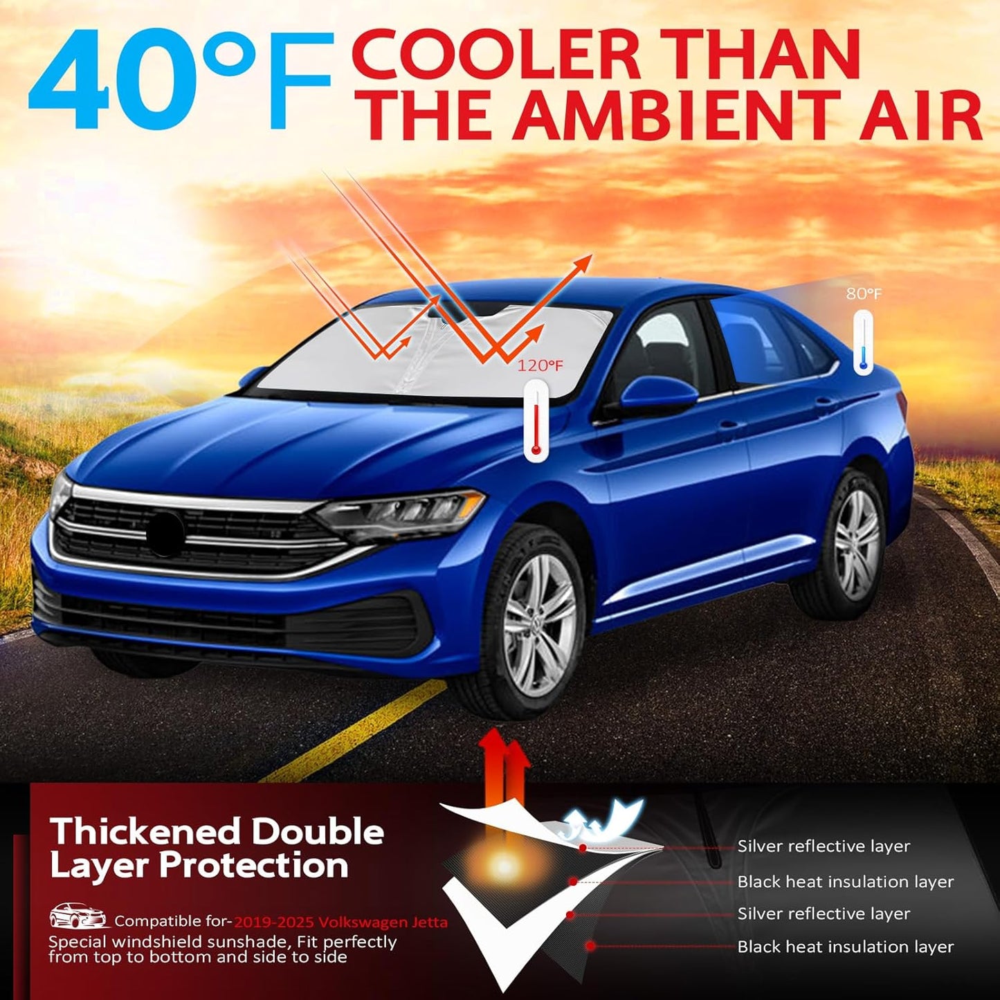 KAYZT Windshield Sun Shade for 2019-2025 Volkswagen VW Jetta Foldable Sunshade Front Window Custom Fit Car Accessories