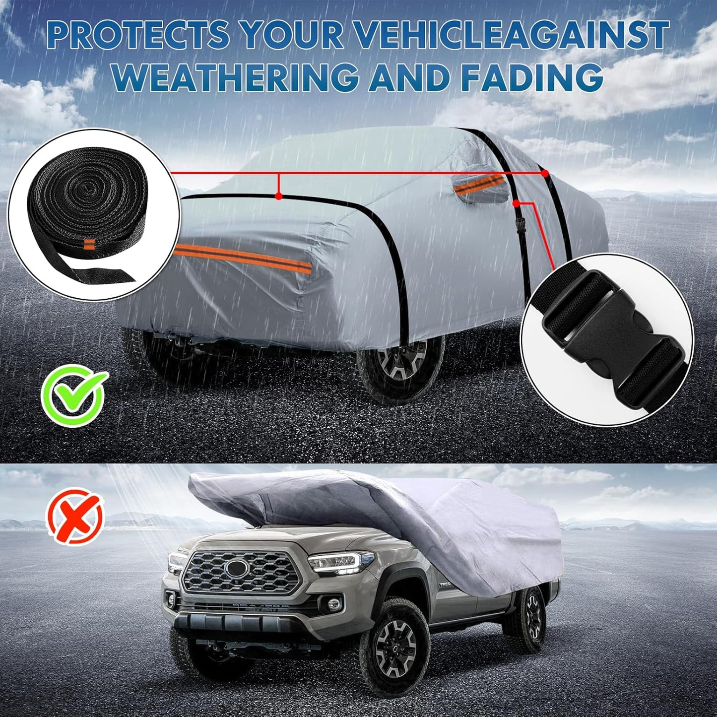 KEYOOG Car Cover, Fit for 188"-198" Length Sedan, 6-Layer All-Weather Waterproof, Universal in All Seasons, Snow Prevention, Rainproof, Acid Rainproof, Sunscreen, Orange Reflective Strip