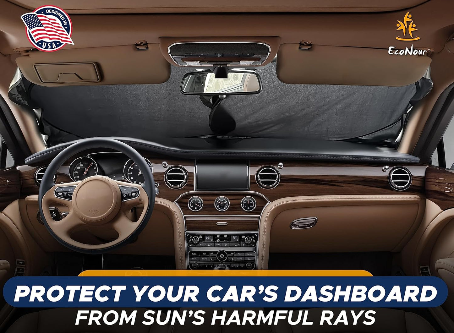 EcoNour Car Windshield Sun Shade | 2025 Upgraded Innovative No-Light-Pass Technology for Maximum Coverage | Foldable Sun Shade Keeps Your Vehicle Cool | Must-Have Car Accessories | Small (59" x 29")