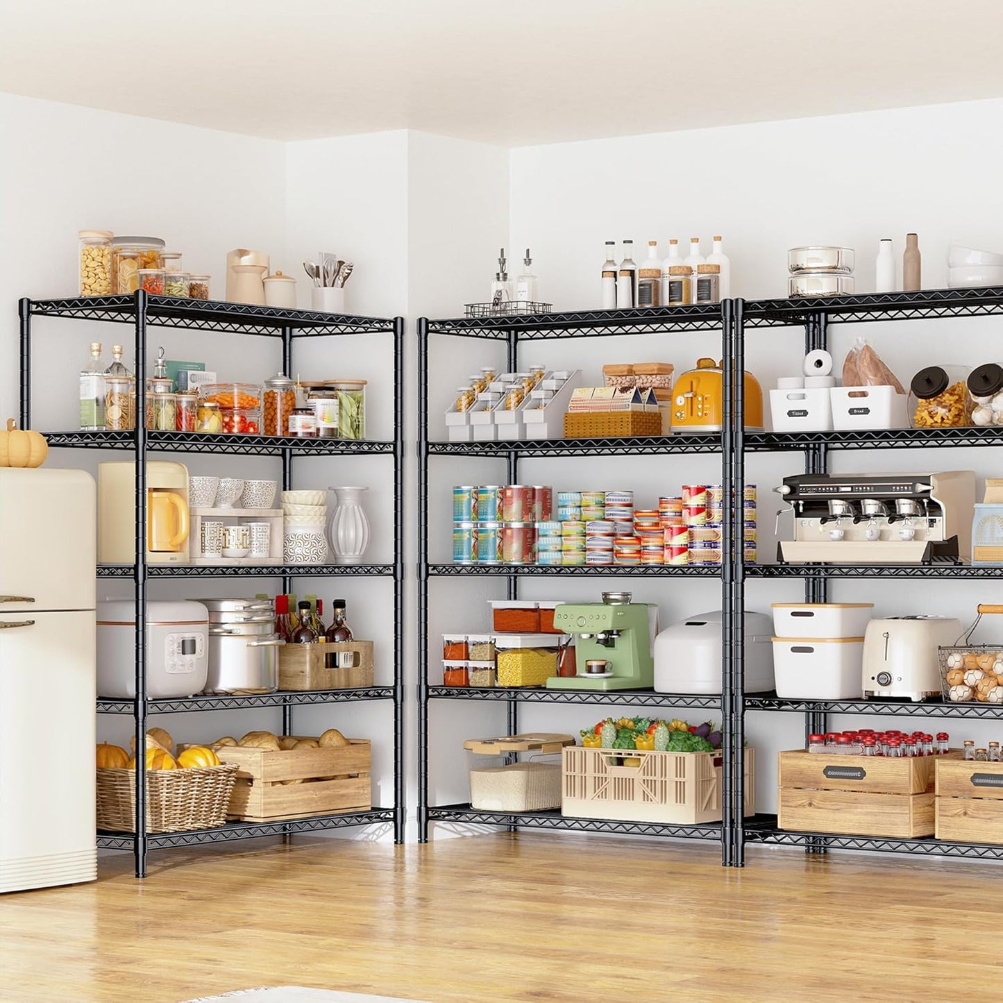 5 Tier Storage Shelves 71"H Wire Shelving Adjustable Metal Shelving,1000LBS Pantry Shelves Sturdy Steel Wire Shelf for Kitchen School Pantry Garage Warehouse ,71"H X35.5"W X13.8"D, Black,2P