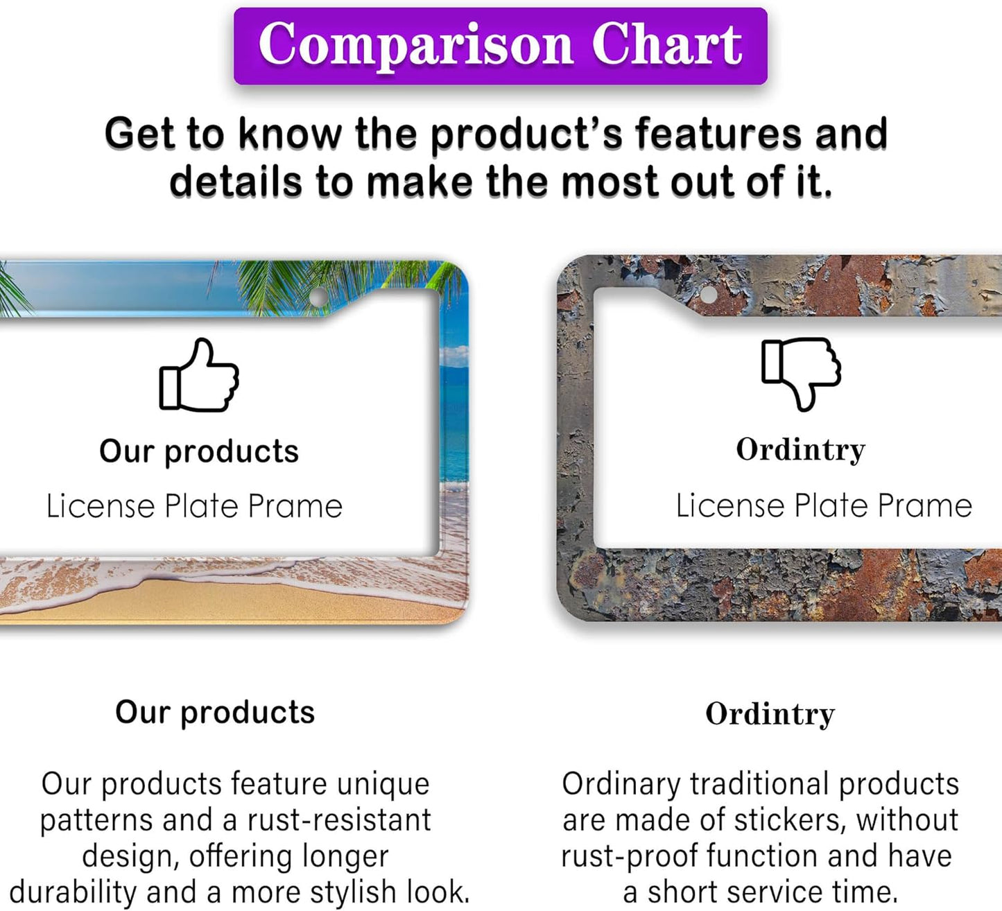 License Plate Frame Multicolor License Plate Holder Palm Trees with Tropical Ocean Beach Scene Aluminum Metal Car Accessory 2 Pack with Screw Covers Set