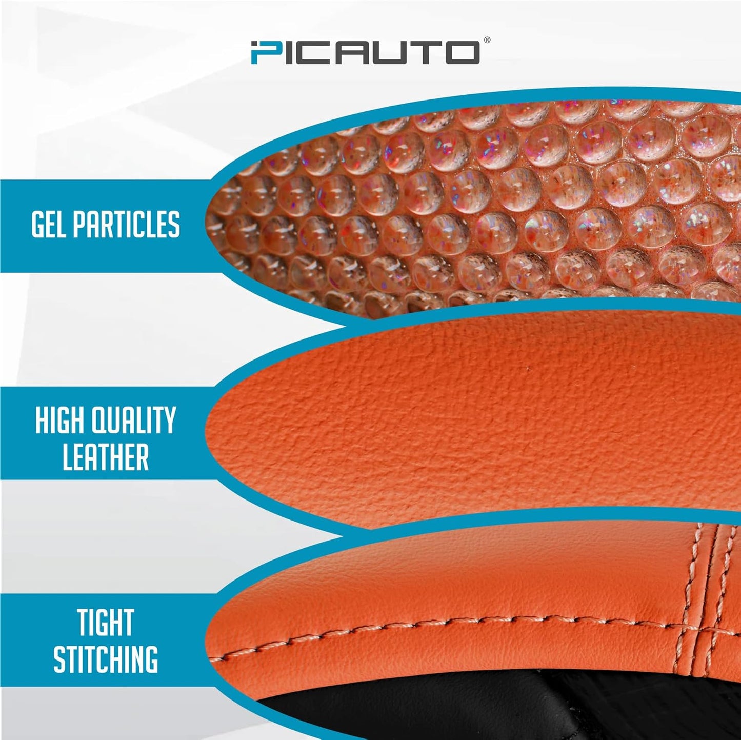 PIC AUTO Gel Particles Steering Wheel Cover, Orange Luxury Leather Car Steering Wheel Protector, Universal Fit 14.5"-15.5" Anti-Slip Car Interior Accessories for Girls & Women