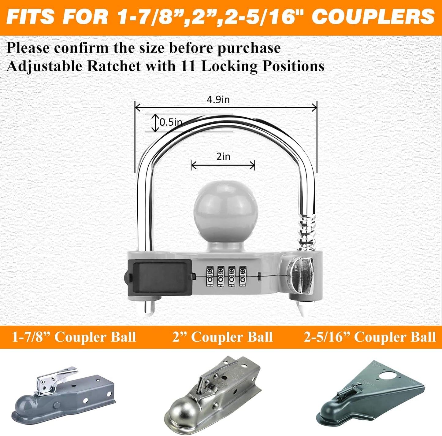 Funmit Trailer Lock Universal Hitch Lock with Combination Lock, fit 1-7/8", 2", 2-5/16" Coupler, Camper Accessories for Travel Trailers Boats Trucks Rvs Grey