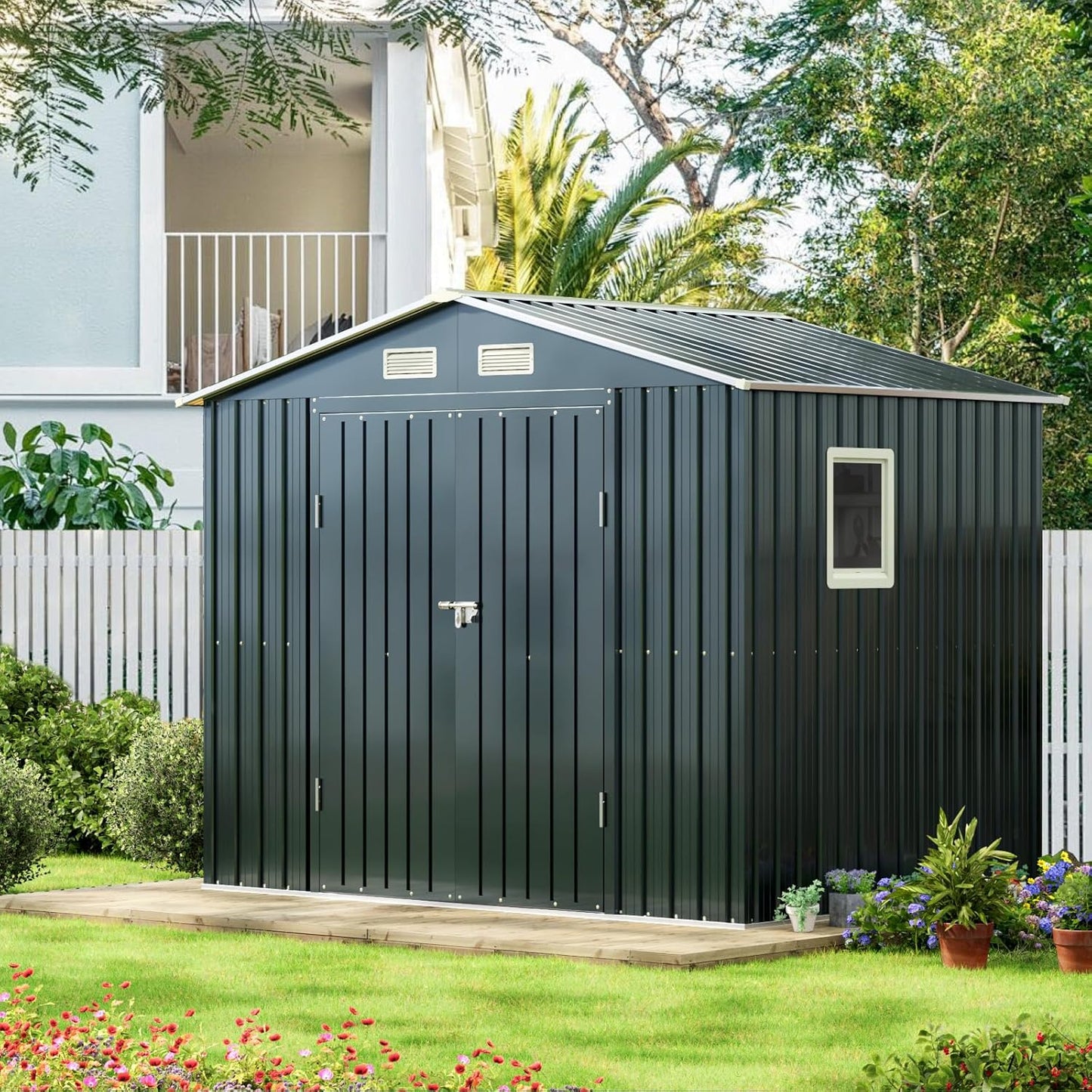 8x6FT Outdoor Steel Storage Shed with Clear Window, Lockable Doors, Weather-Resistant Metal Tool Shed for Garden, Backyard, Patio, and Utility Storage