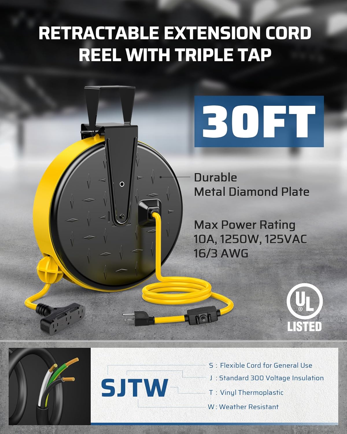 DEWENWILS 30 Ft Retractable Extension Cord Reel, Ceiling/Wall Mount 16/3 Gauge SJTW Power Cord with 3 Electrical Outlets Pigtail for Garage and Shop, 10 Amp Circuit Breaker, Metal Plate, UL Listed
