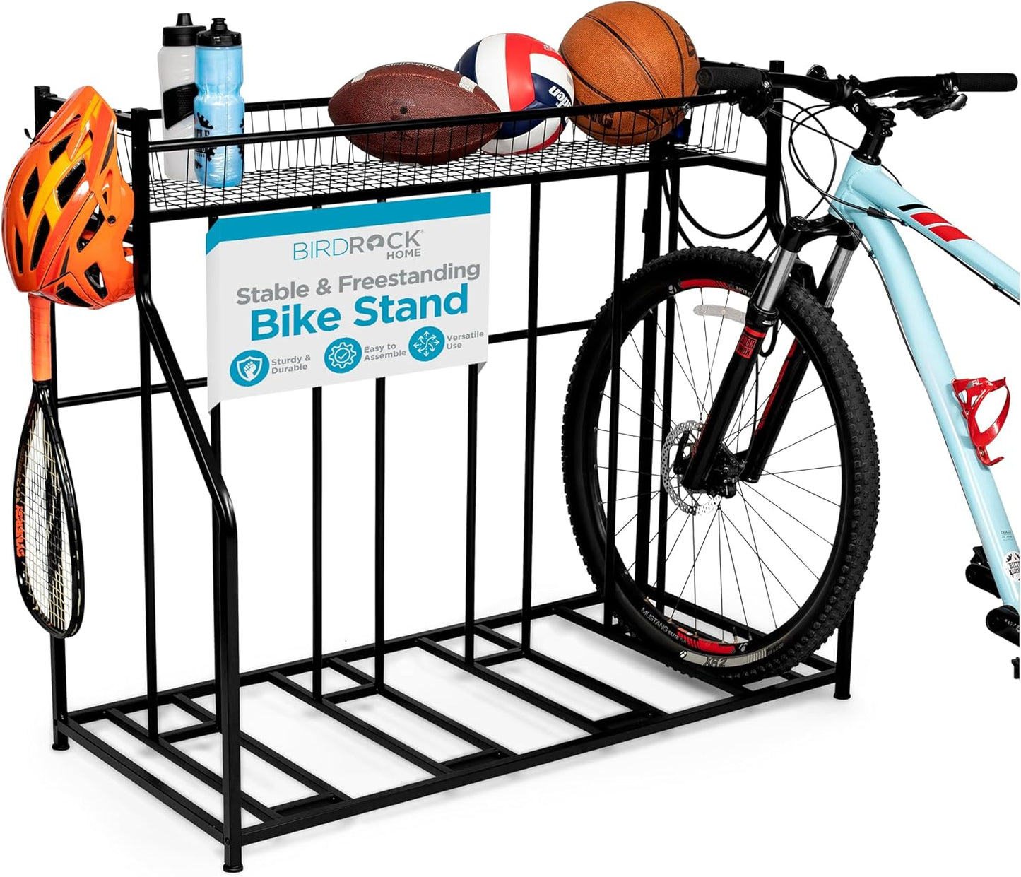 BIRDROCK HOME Bike Rack Garage Storage Floor Stand - Freestanding Organizer for Outdoor Yard - Upright Wall Mount for Scooters, Rakes, Motorcycles, Hoverboards, Gloves - Holds 4 Bicycle - Black