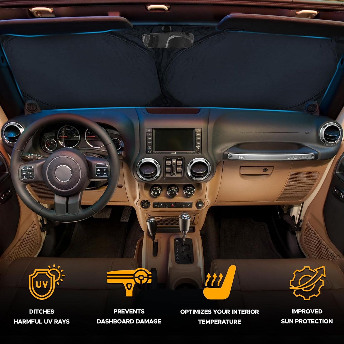 EcoNour Jeep Windshield Sunshade | Sun Visor for UV Rays & Heat Protection | Suitable for Wrangler, Gladiator | Jeep Accessories for Wrangler | X-Small - 60x21 Inches