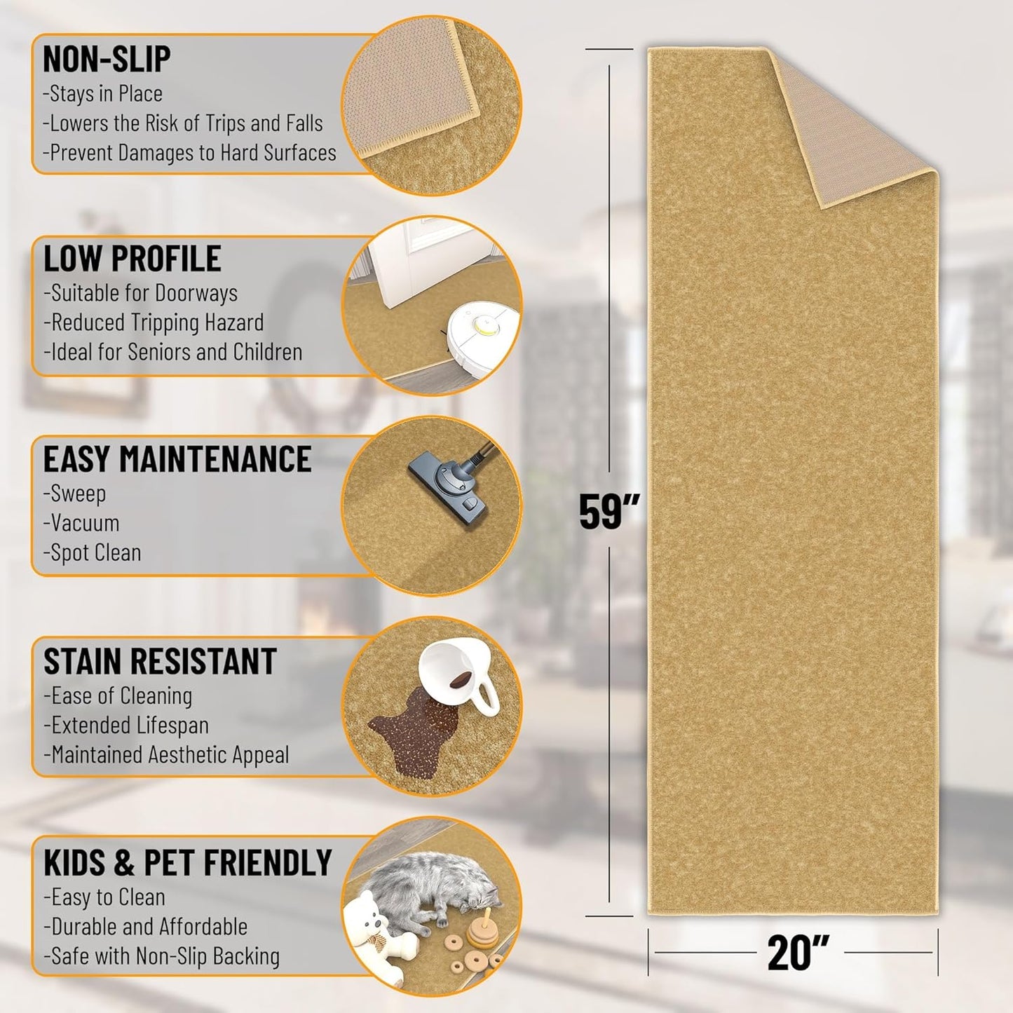 Ottomanson Hallway Runner Rug 20" x 59" Non Slip Solid Area Rugs Easy to Clean Laundry Rug Runner Durable & Pet Friendly Floor Carpet Runners for Hallways Entryway Living Room Kitchen, Beige