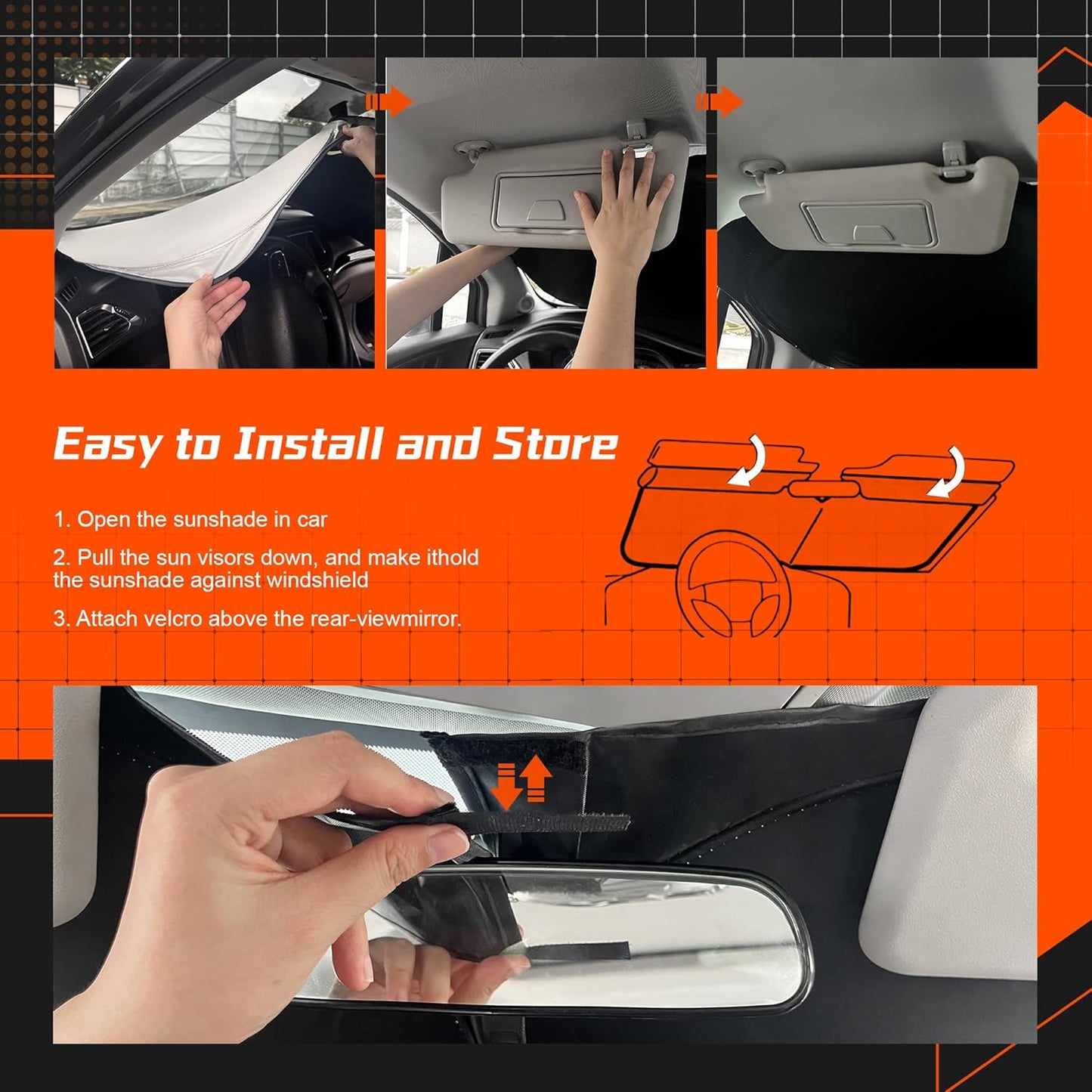 Custom Fit Windshield Sun Shade for Rivian R1S 2022-2025 - Full Coverage, 210T Reflective Fabric, Double-Layer Design - Blocks 99% UV Rays, Keeps Car Cool, Easy to Install and Store