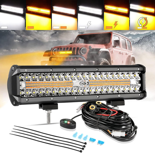 Auxbeam 12 Inch LED Light Bar, 6 Modes Strobe Amber Pod Lights Yellow Fog Light Dual Color Spot Flood Offroad Driving Lights, Memory Function LED Work Lights for Truck Car ATV