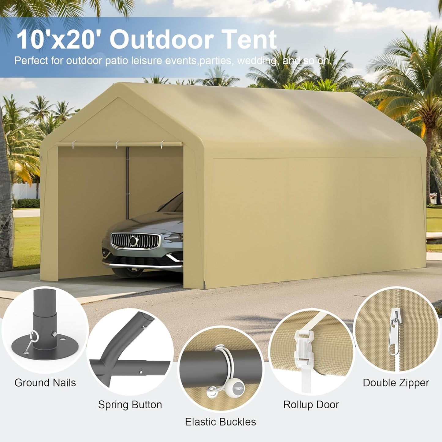 Carport 10x20 Heavy Duty Portable Garage w/Removable Sidewalls & Roll-Up Door Car Canopy Party Tents Waterproof UV Resistant All Weather Car Port for Trucks,Boats (Yellow)