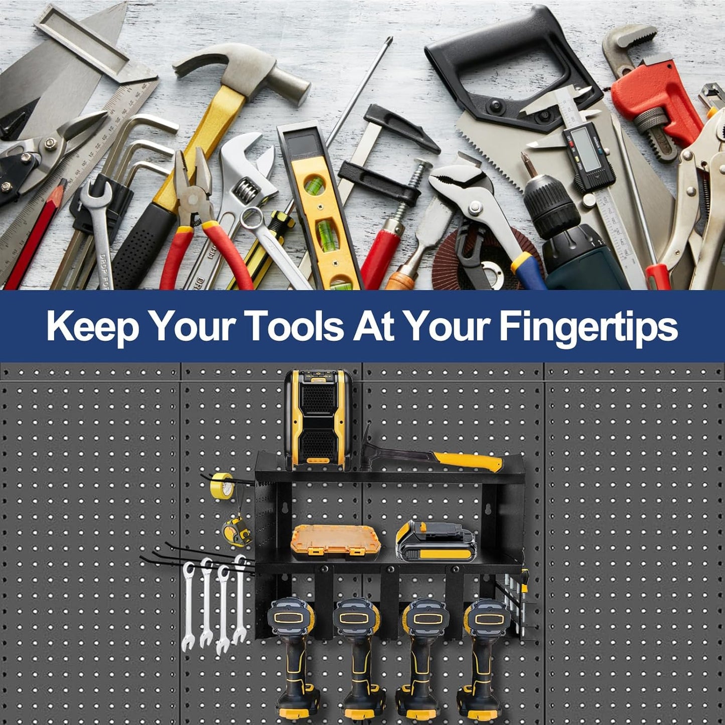 Heavy-Duty Power Tool Organizer Wall Mount, 3-Tier Drill Storage Rack with Dual Side Pegboards and 4 Hooks, Perfect for Garage, Workshop, Tool Room - Ideal Gift for Men, Black