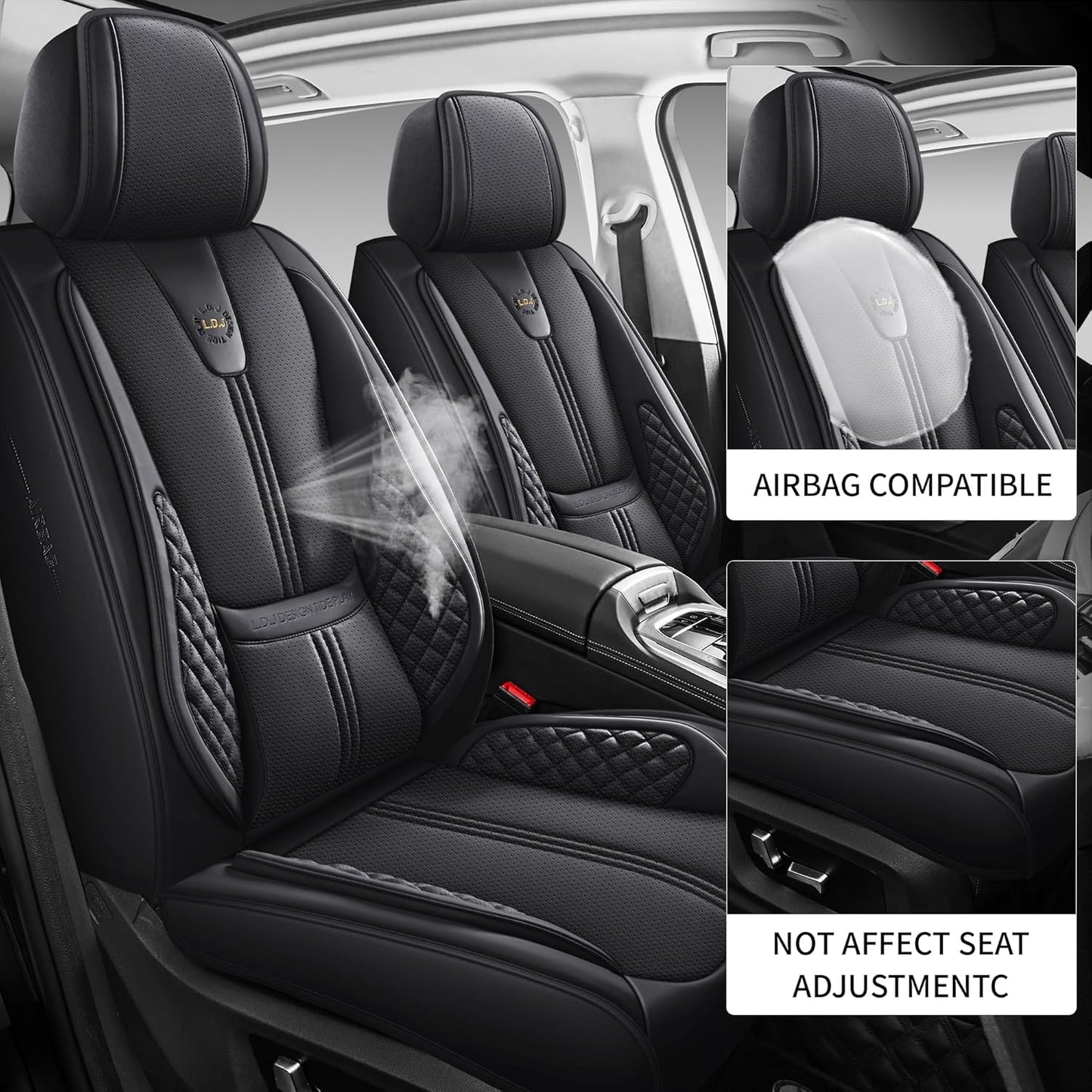 Car Seat Covers Front Only, Black Seat Cover for Cars Compatible Airbag, Easy Install Luxury Leather Automotive Seat Covers with Lumbar Support, for Car, Truck, SUV, Black