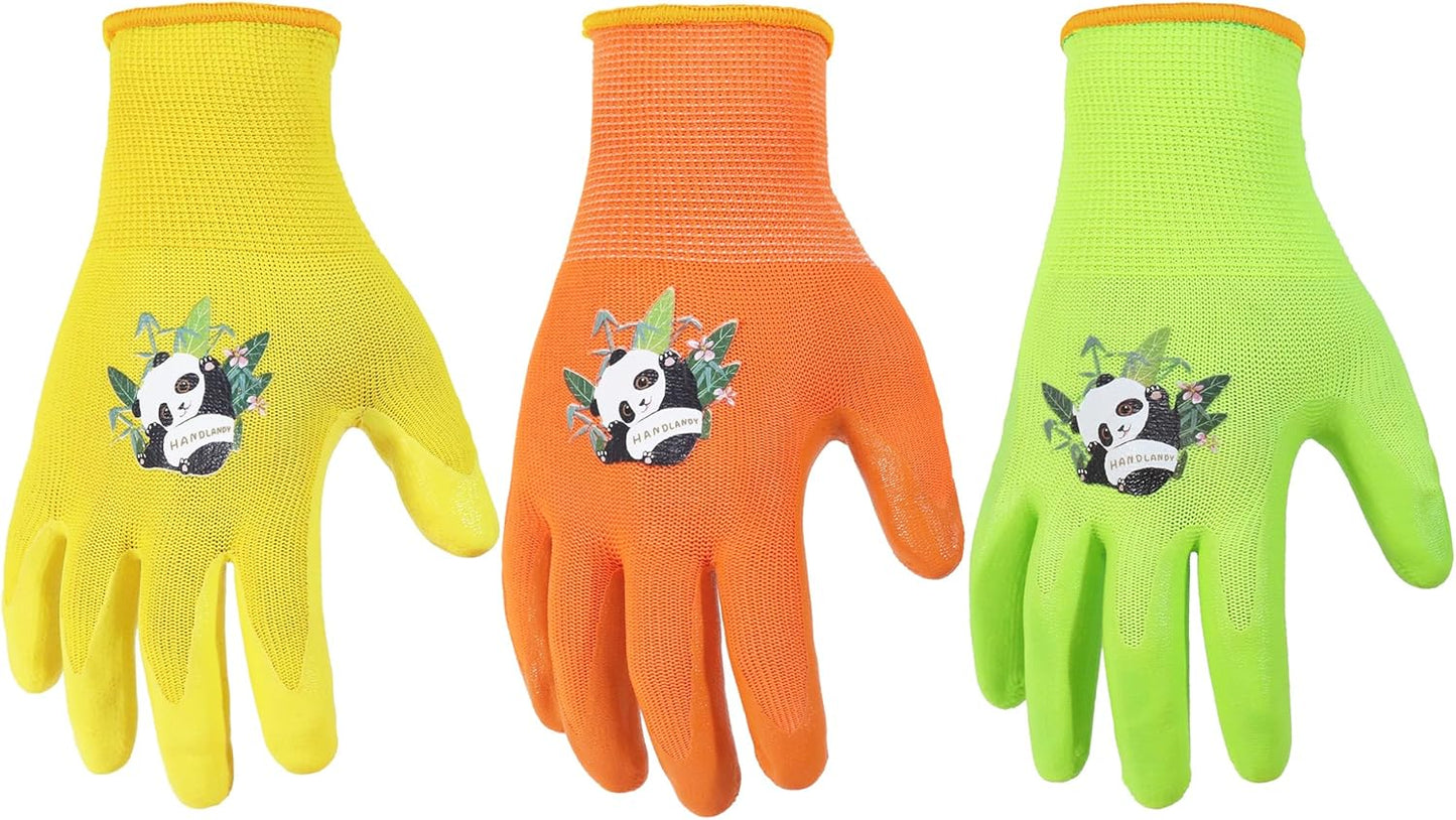 HANDLANDY 3 Pairs Kids Gardening Gloves Latex Free, Nitrile Coated Children Toddler Garden Yard Outdoor Playing Gloves for Little Girls Boys (Size L)