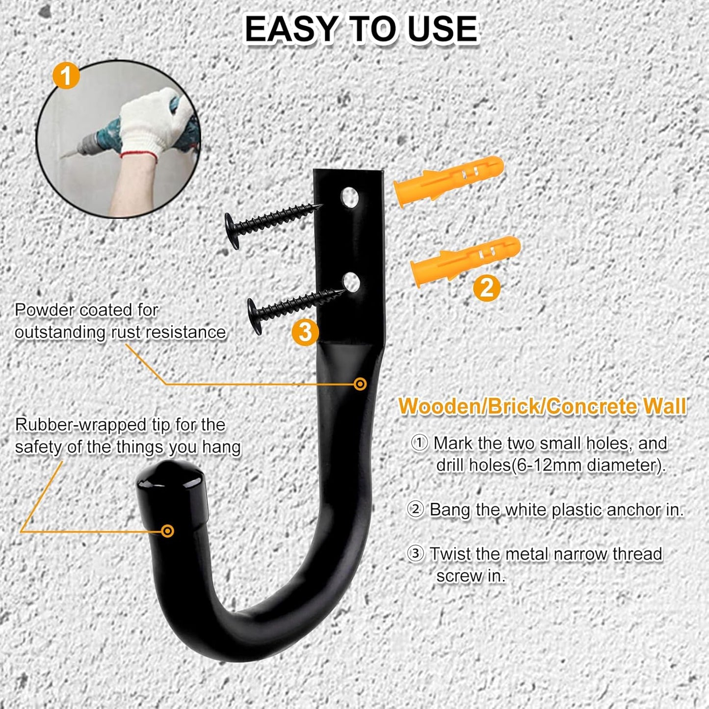 REMIAWY Garage Hooks Heavy Duty, Steel Utility Garage Storage Hook 6 Pack, Wall Mount Double Tool Hangers with Anti-Slip Coating for Hanging and Organizing Ladder Bike, Garden Tools, Bulk Items