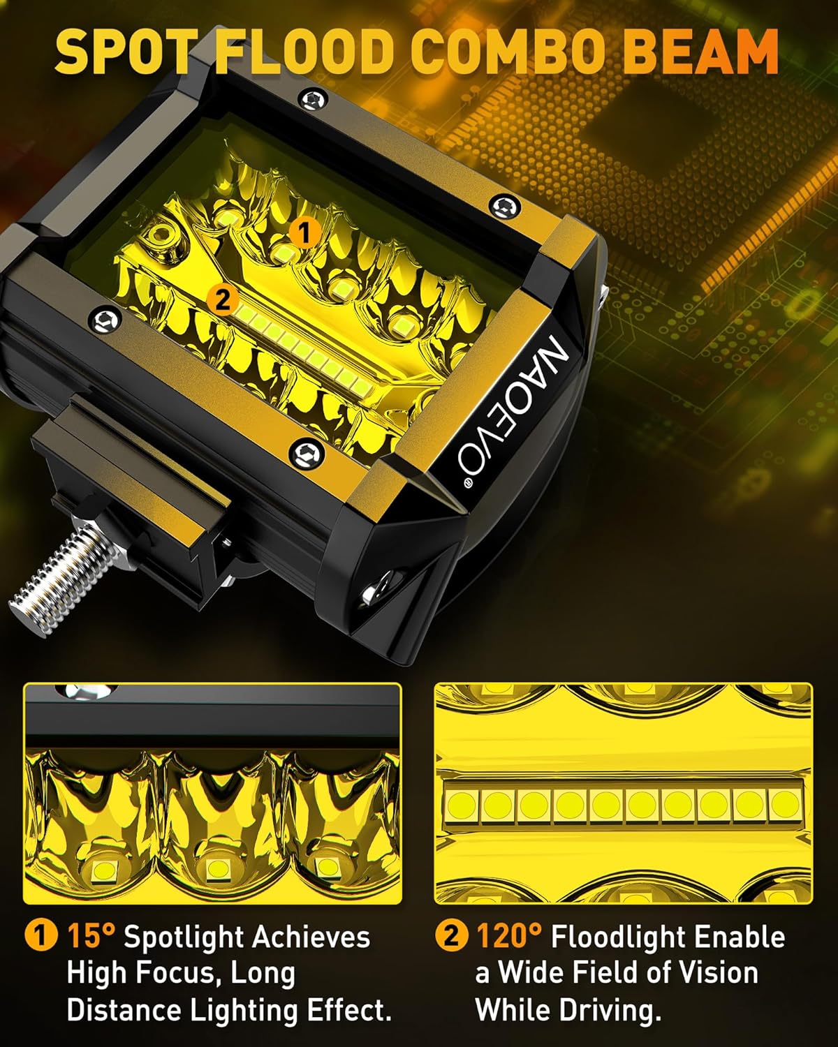 NAOEVO 4 Inch LED Pod Lights, Spot Flood Yellow LED Fog/Driving/Off Road Lights with 2 Leads Wiring Harness, Cube Pods for Truck Boat ATV UTV, 2 Pcs (Yellow)