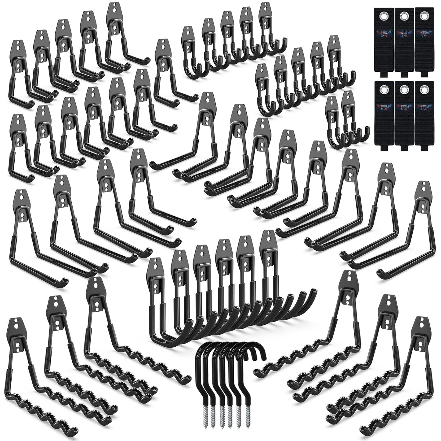 3-H Garage Wall Hooks 60 Pack, Heavy Duty Garage Hooks with Extra Welding Spots, Wall Mount Storage Organizer for Hanging Garden Lawn Tools, Ladder, Bike, WeedEater, Chair, Shovel, Blower (Black)