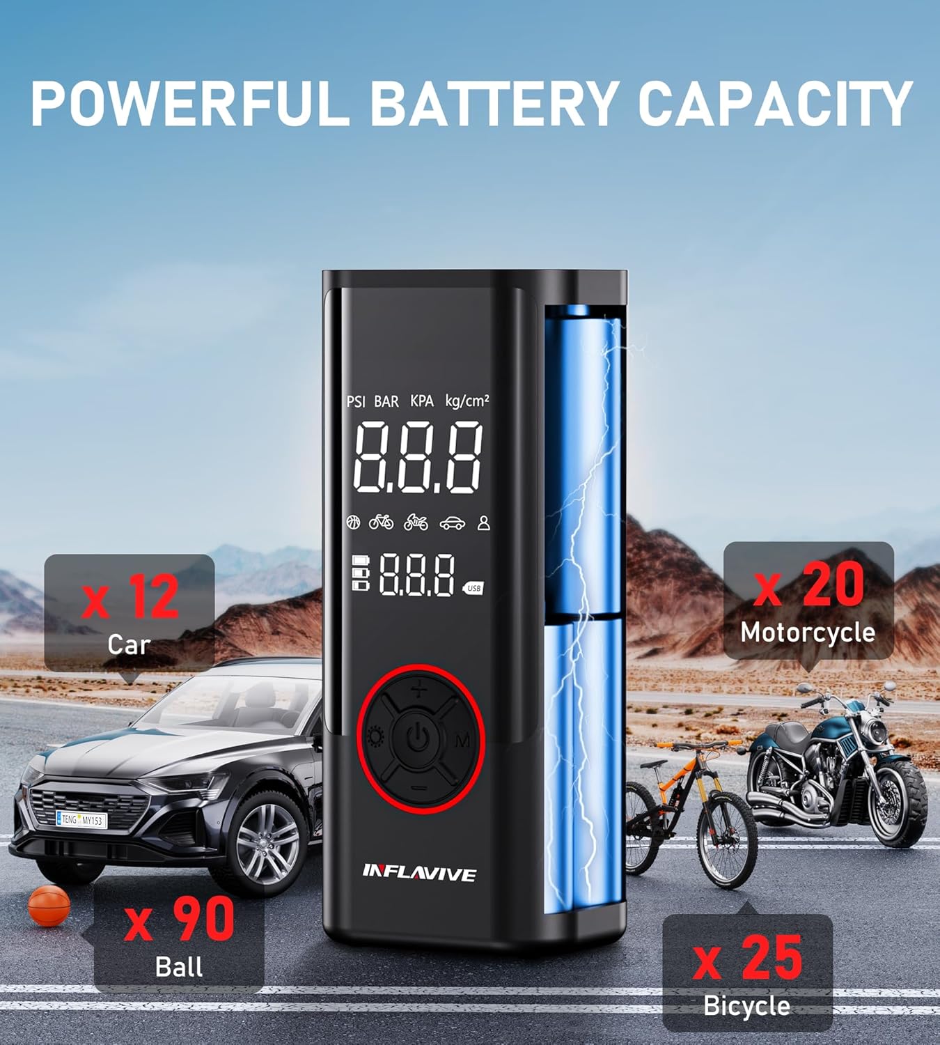 Tire Inflator Portable Air Compressor, Cordless Air Pump for Car Tires with Pressure Gauge, Battery Power Bike Tire Pump, 150PSI Portable Tire Inflator for Car, Motorcycle, Bicycle, Ball