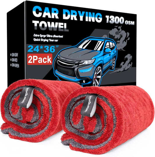 2 Pack XL Car Drying Towel – 1300GSM Ultra Absorbent Microfiber, 24"x36" Large Size, Twisted Loop, Lint-Free & Streak-Free for Auto Detailing, Car, SUV, Truck(Gray-RED)