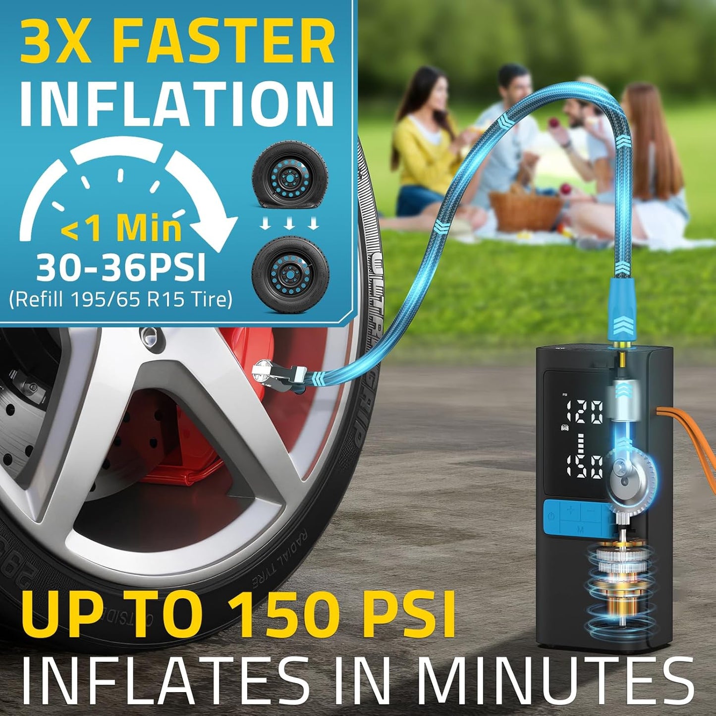 Tire Inflator Portable Air Compressor, 3X Faster 150 PSI 15000mAh Cordless Air Pump for Car with Gauge Dual LCD Display, LED Light & Auto Shut-Off, Portable Tire Inflator for Car/Motor/Bicycle/Ball
