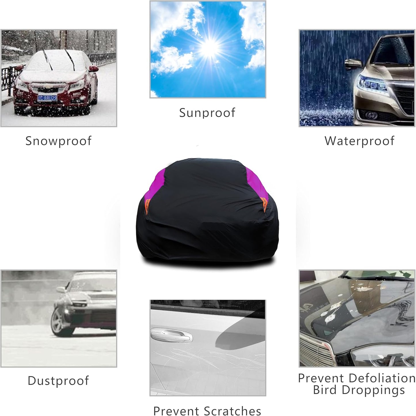 MORNYRAY Waterproof Car Cover All Weather Snowproof UV Protection Windproof Outdoor Full car Cover, Universal Fit for Sedan (Purple, Fit Hatchback Length(Up to 173 inch)