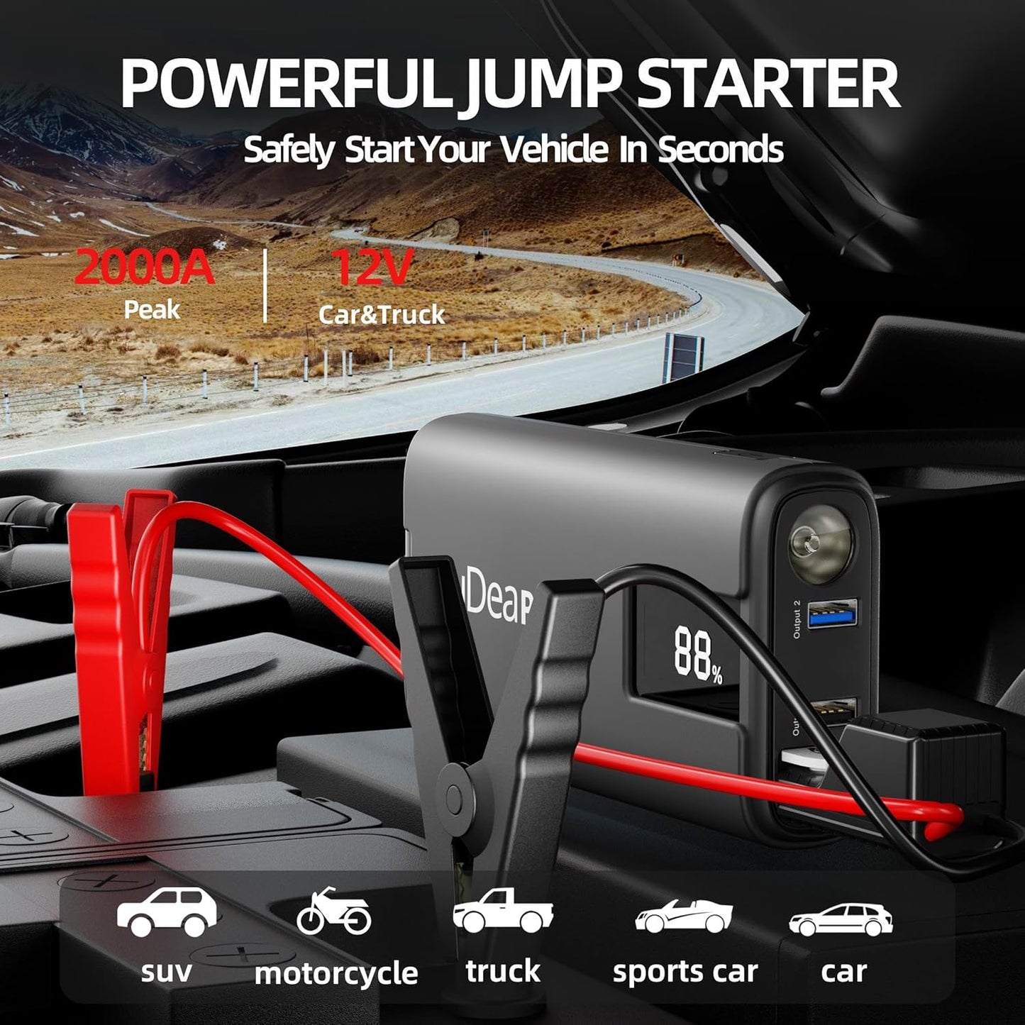 IDEAPLAY J10 Jump Starter, 2000A 12V Car Battery Jump Starter Portable for Up to 8.0L Gas and 7.0L Diesel Engine, Jump Box with Jumper Cables, Type C Fast Charging Battery Jumper with LED Flashlight