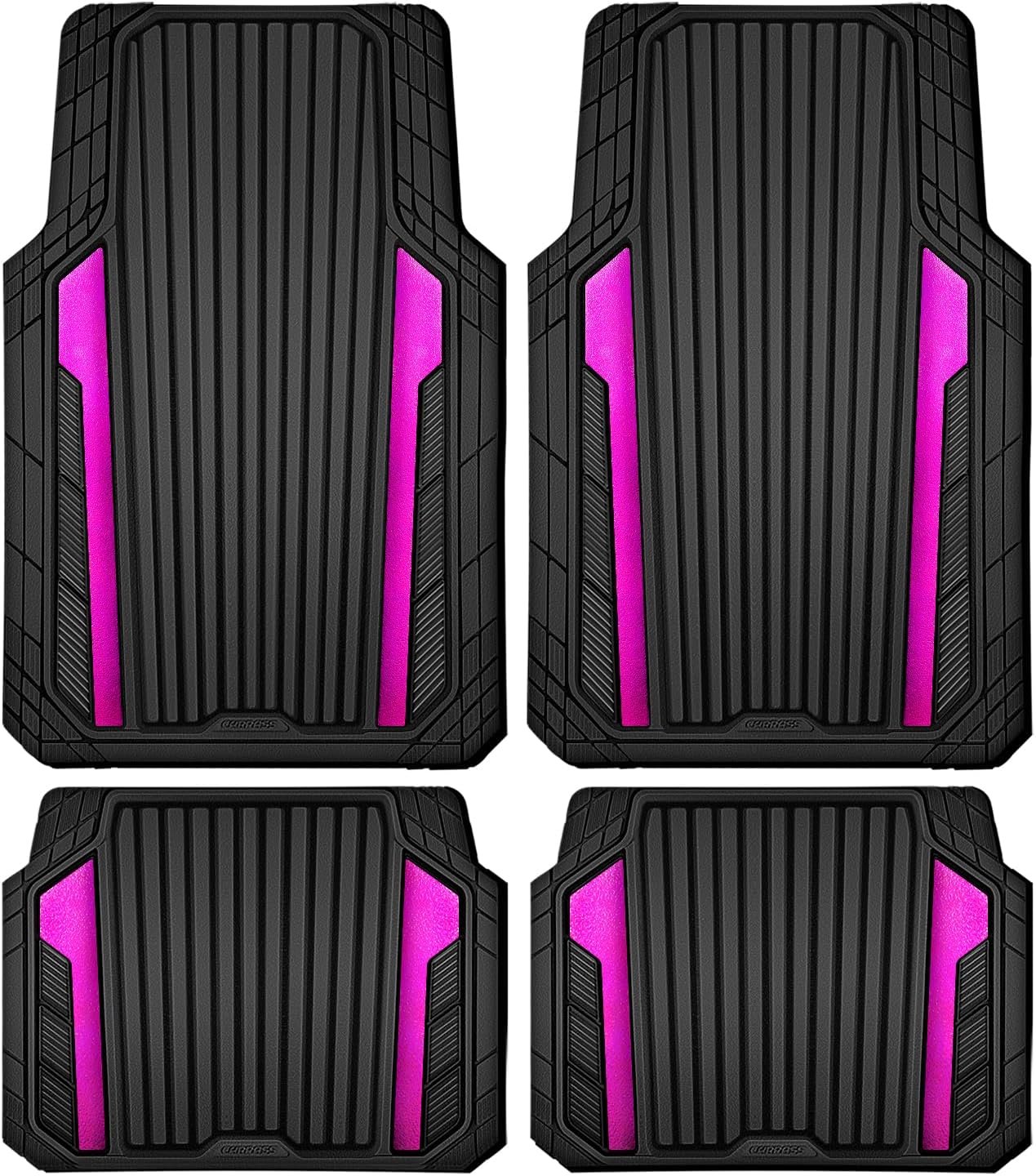 CAR PASS Heavy Duty Rubber Car Mats Metallic, Aluminum Film All Weather Floor Mats Waterproof Universal Trim to Fit for SUV Sedan Van 4 Piece Anodized Deep Dish Two-Tone Sporty Black Hot Pink Chrome