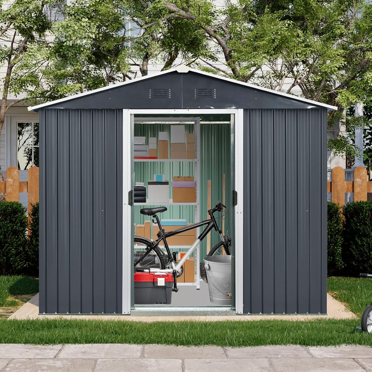 8x4 FT Outdoor Storage Shed,Metal Shed with Floor,Garden Shed W/Air Vent & Lockable Sliding Door,All Weather Waterproof Tool House W/Sloped Roof,for Backyard,Patio,Lawn,Black and White