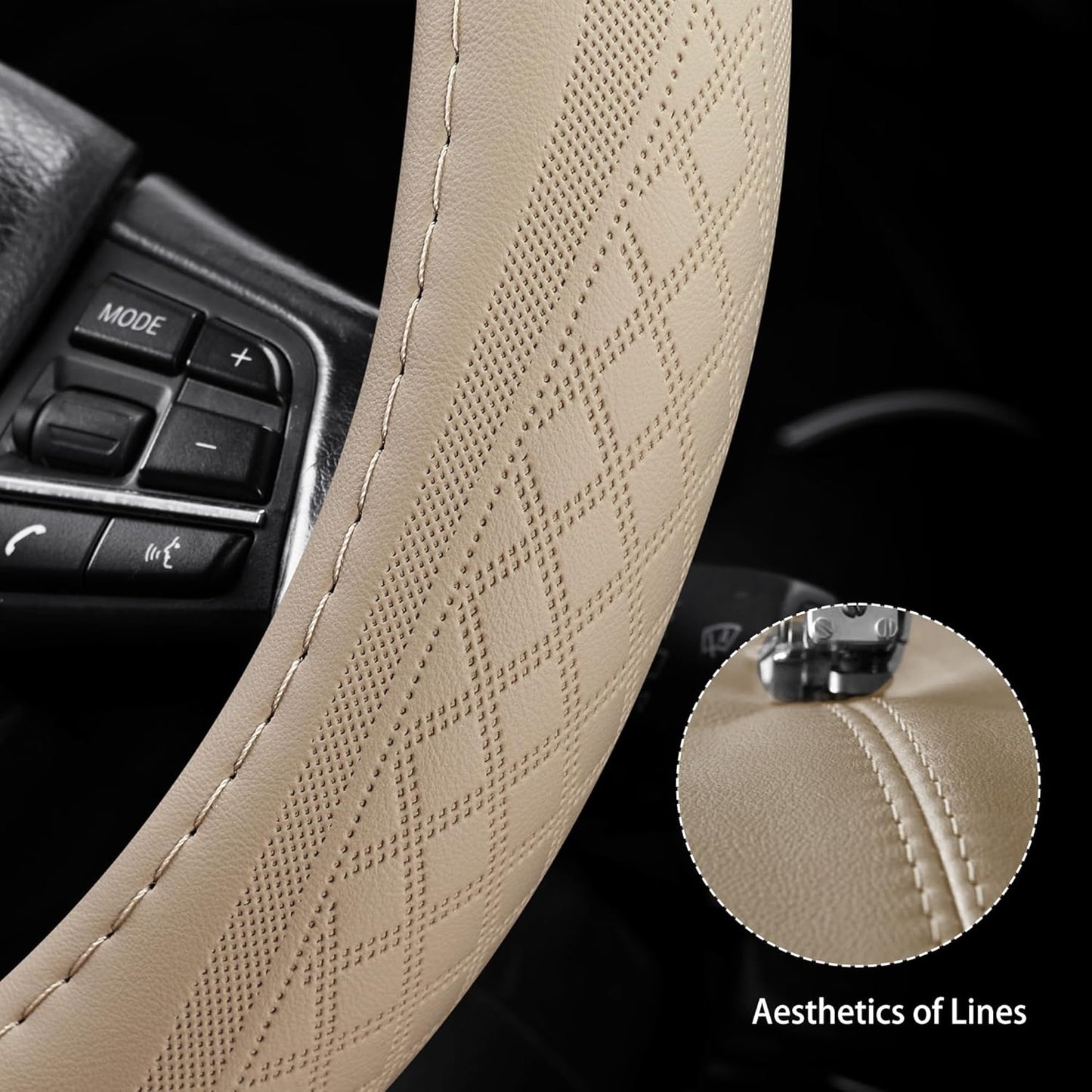 【2025 Model】 Breathable Soft Leather Car Steering Wheel Cover for Men Women, Non-Slip, Comfortable,Universal 15 inches Steering Wheels, Beige