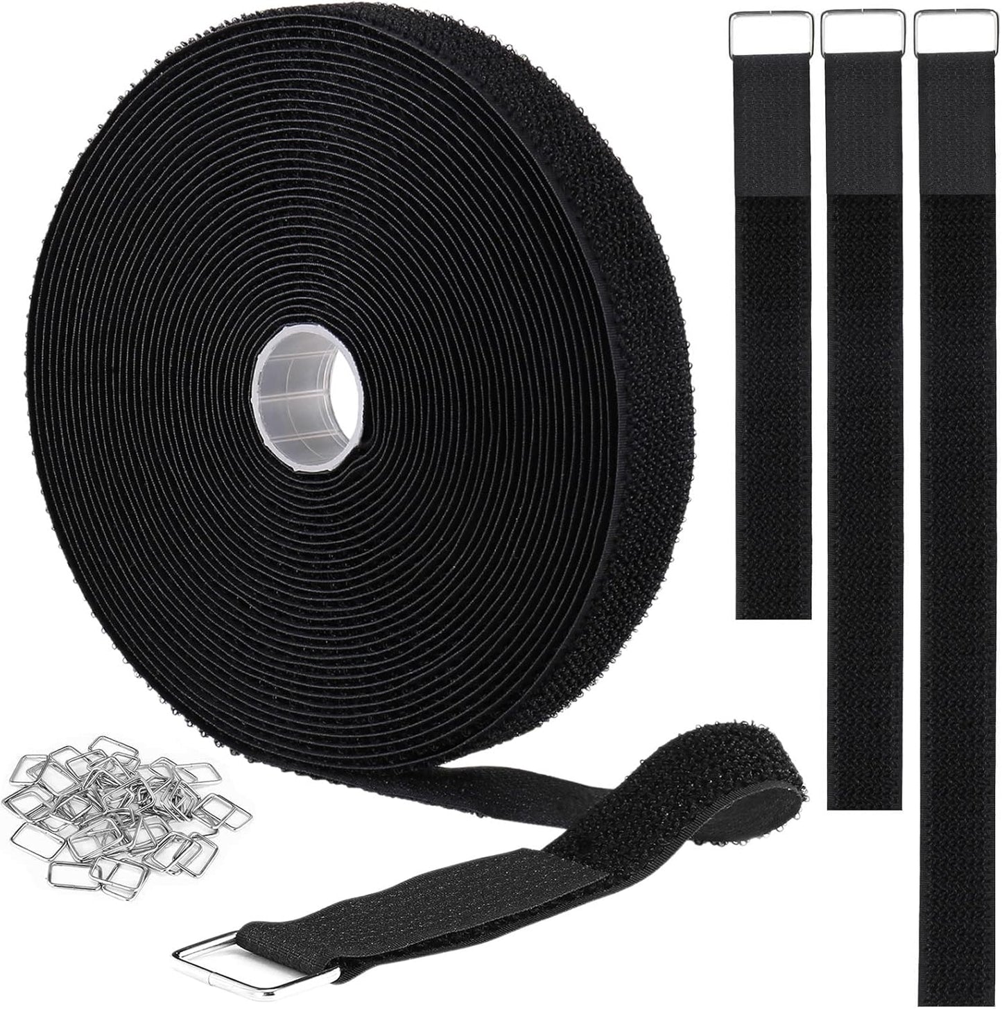1"x64ft Hook and Loop Straps with 70 Metal Buckles, Adjustable Fastening Cable Straps, Cut-to-Length Cinch Strap, Reusable Nylon Securing Cord Ties for Organizer or Storage, 1 inch Wide, Black