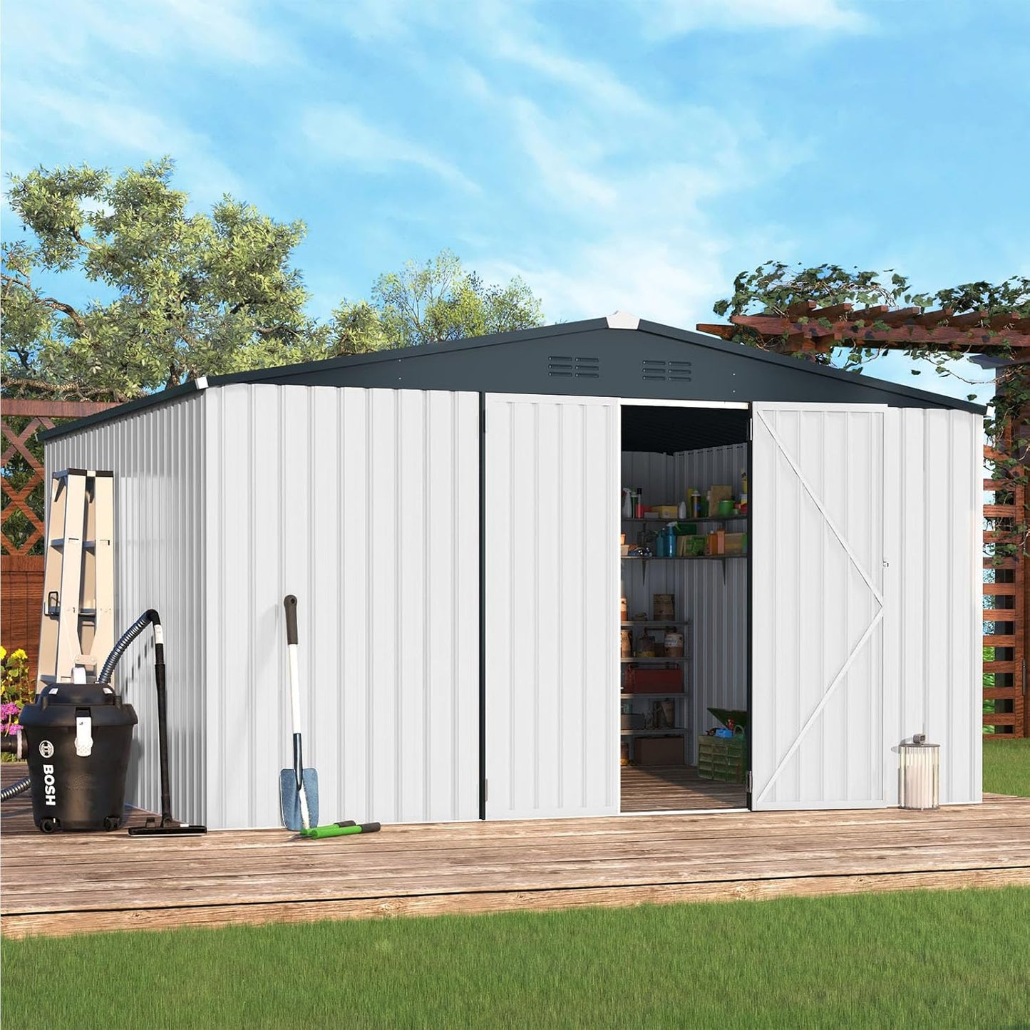 AECOJOY Shed 12' x 10' Storage Shed Large, Sheds & Outdoor Storage Clearance 10x12 Sheds with Lockable Doors, Utility and Tool Storage Shed for Garden, Backyard, Patio, Outside use in White