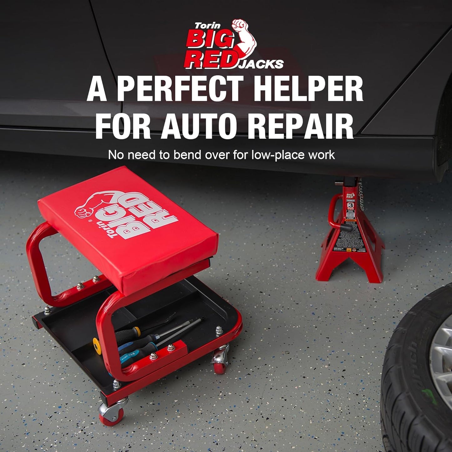 Big RED 250lb Red Rolling Automotive Creeper Garage/Shop Seat: Padded Mechanic Stool with Tool Large Tray Suitable for garages, Repair Shops