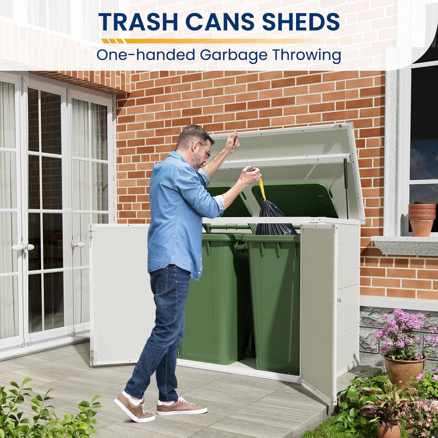 Amopatio 41 Cu Ft Outdoor Storage Shed, Horizontal Resin Trash Can Storage, Weather Resistance, Storage Box with Floor Included for Garden Tools, Lawn Mowers, Garbage Cans, Patio Use, Sandstone