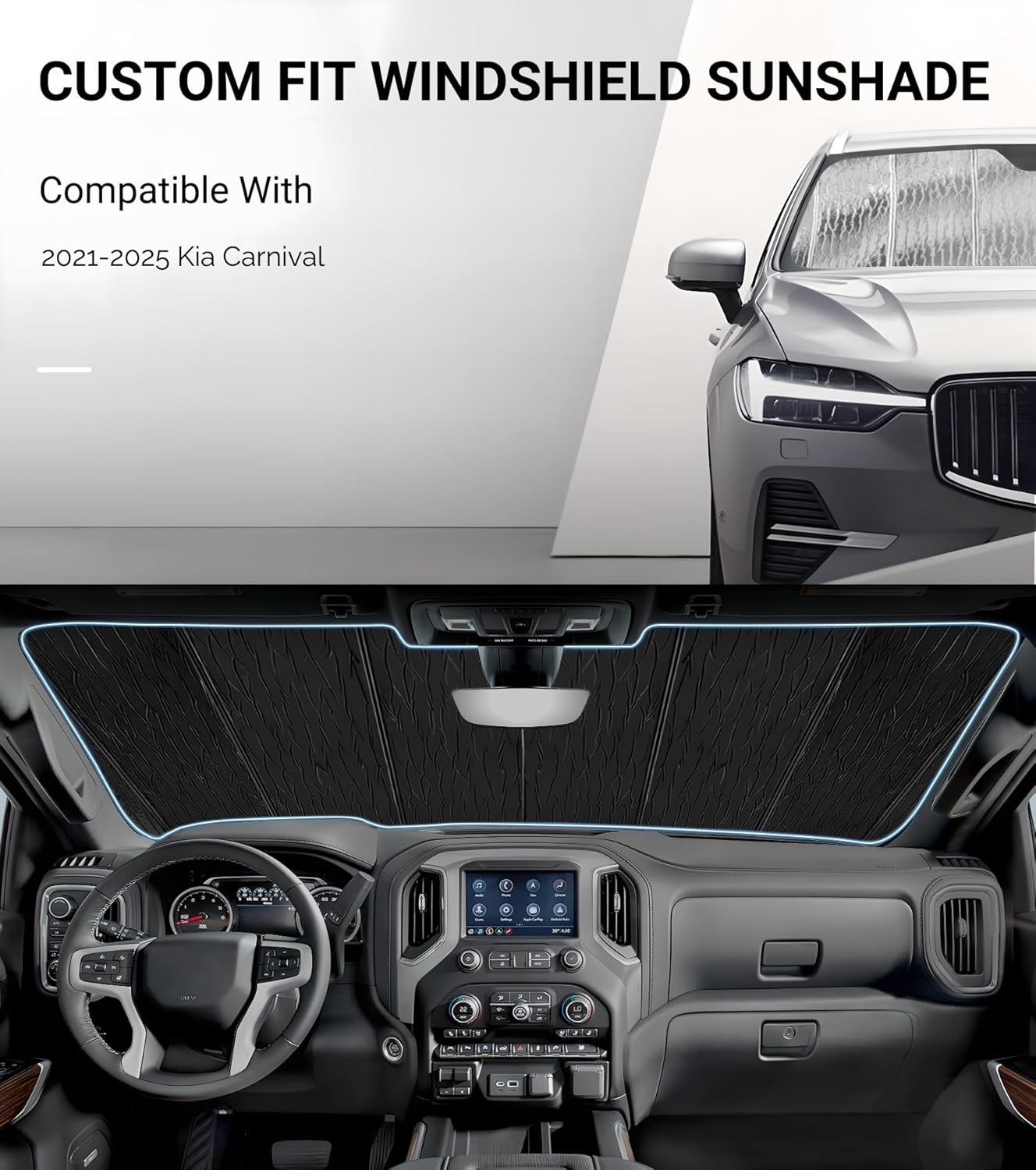 Windshield Sun Shade for Kia Carnival 2021-2025,Front Window Sunshade Shield, 2-in-1 Reflective Sun Shade,Silver for Summer, Black for Winter