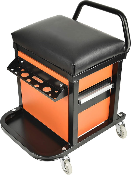 Eisen Rolling Tool Box with Seat, Mechanics Seat with Storage Drawers and 2-1/2" Swivel Casters, 300 lb. Capacity