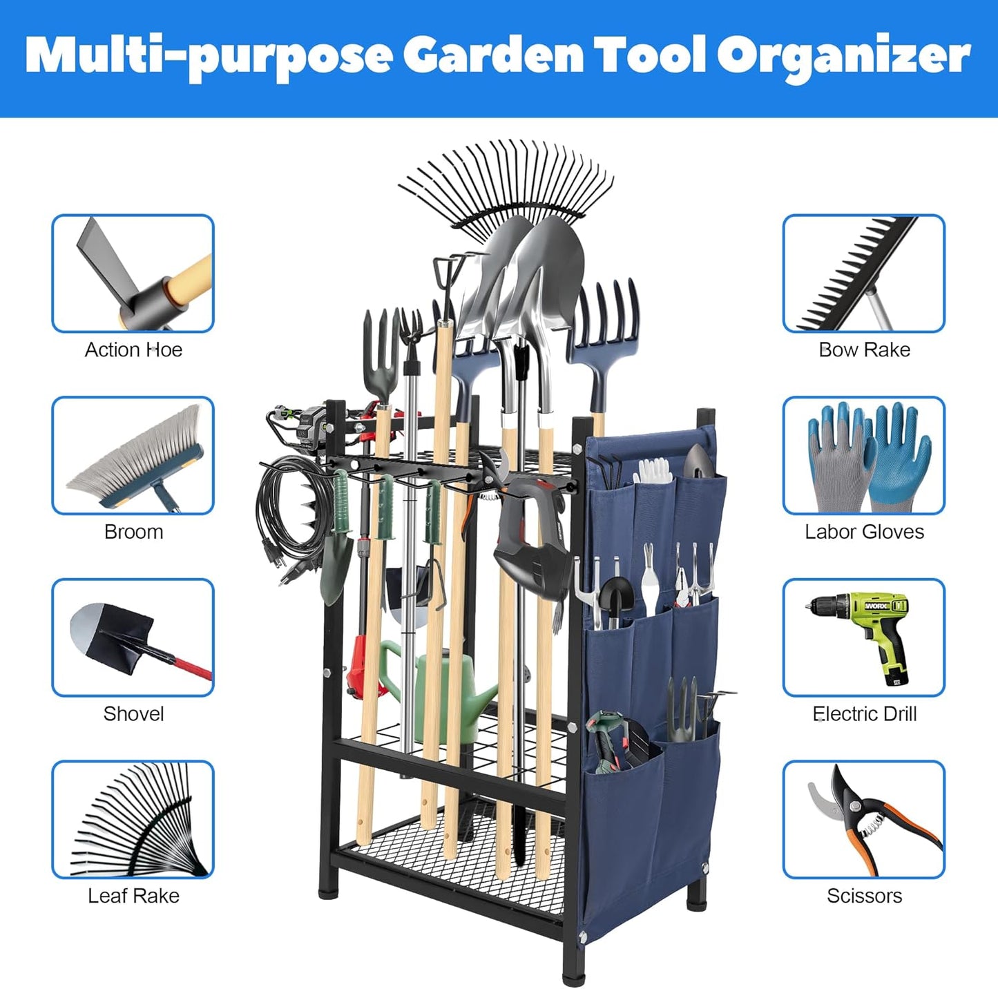 Garden Tool Rack Freestanding, Heavy Duty Garden Tool Organizer, 3-tier Tool Rack, Multifunctional Yard Tool Storage with Hooks and Storage pockets for Outdoor Long-Handled Broom Shovel Rake