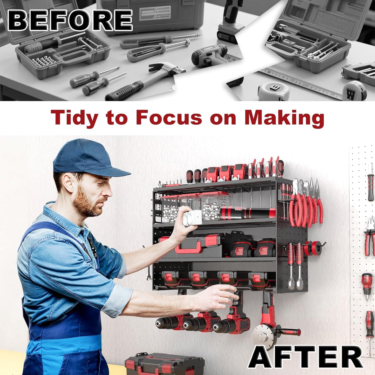 Power Tool Organizer Wall Mount - 4 Layer Metal Power Tool Storage Rack, Cordless Drill Holder with 4 Hooks, Utility Storage Rack for Garage Workshop Shed Pegboard