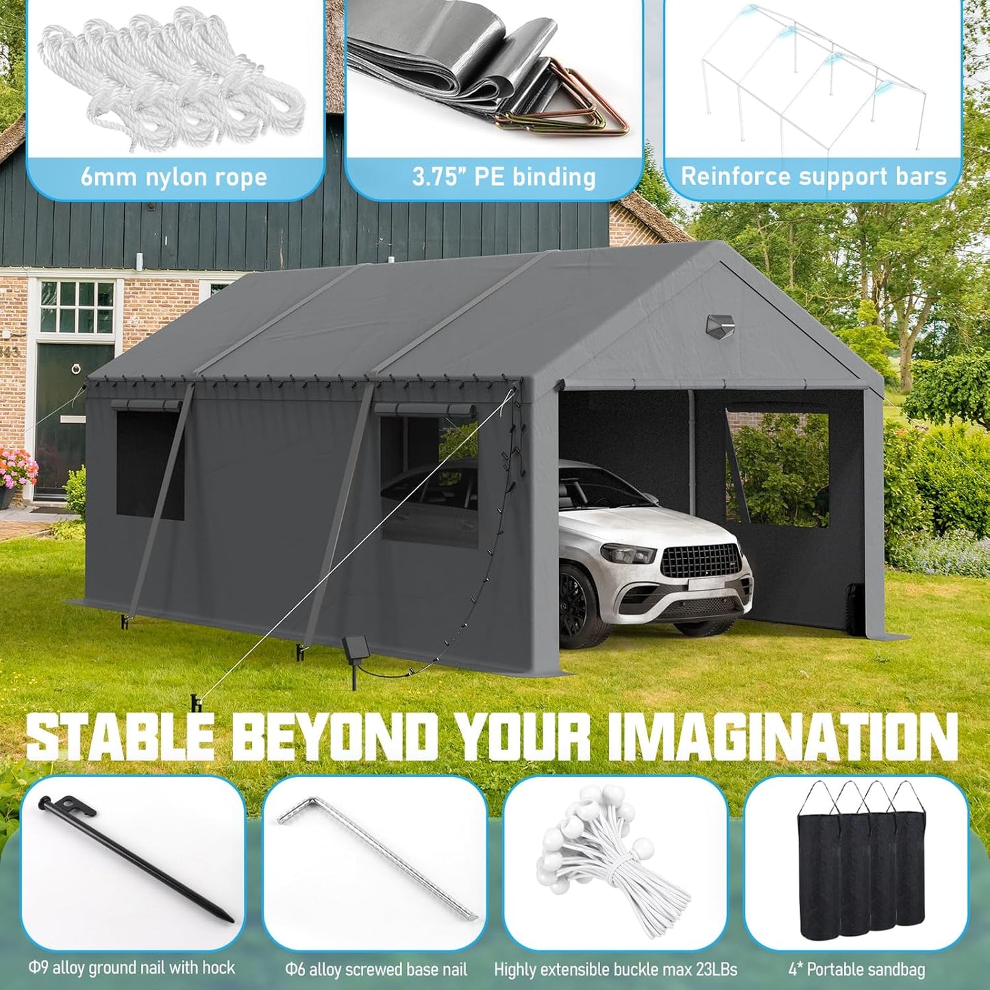 12x20 Carport, Heavy Duty Carport Canopy Garage with Removable Sidewalls and Drive Through Roll Up Zipper Doors, Grey